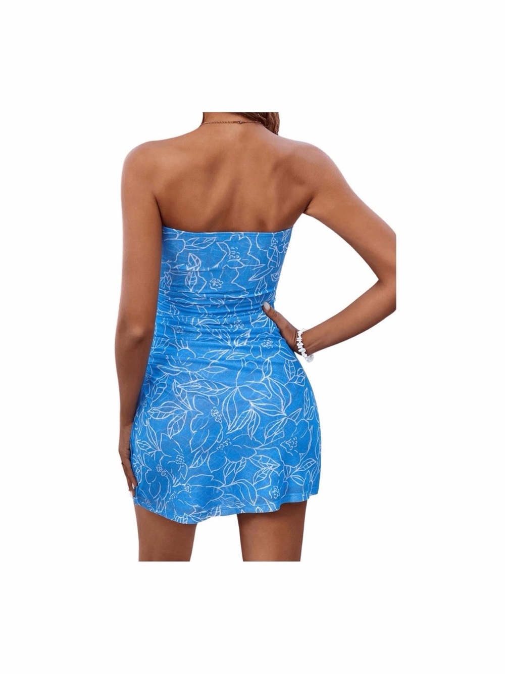Strapless Blue Floral Ruched Mini Dress - Picture 2 of 5